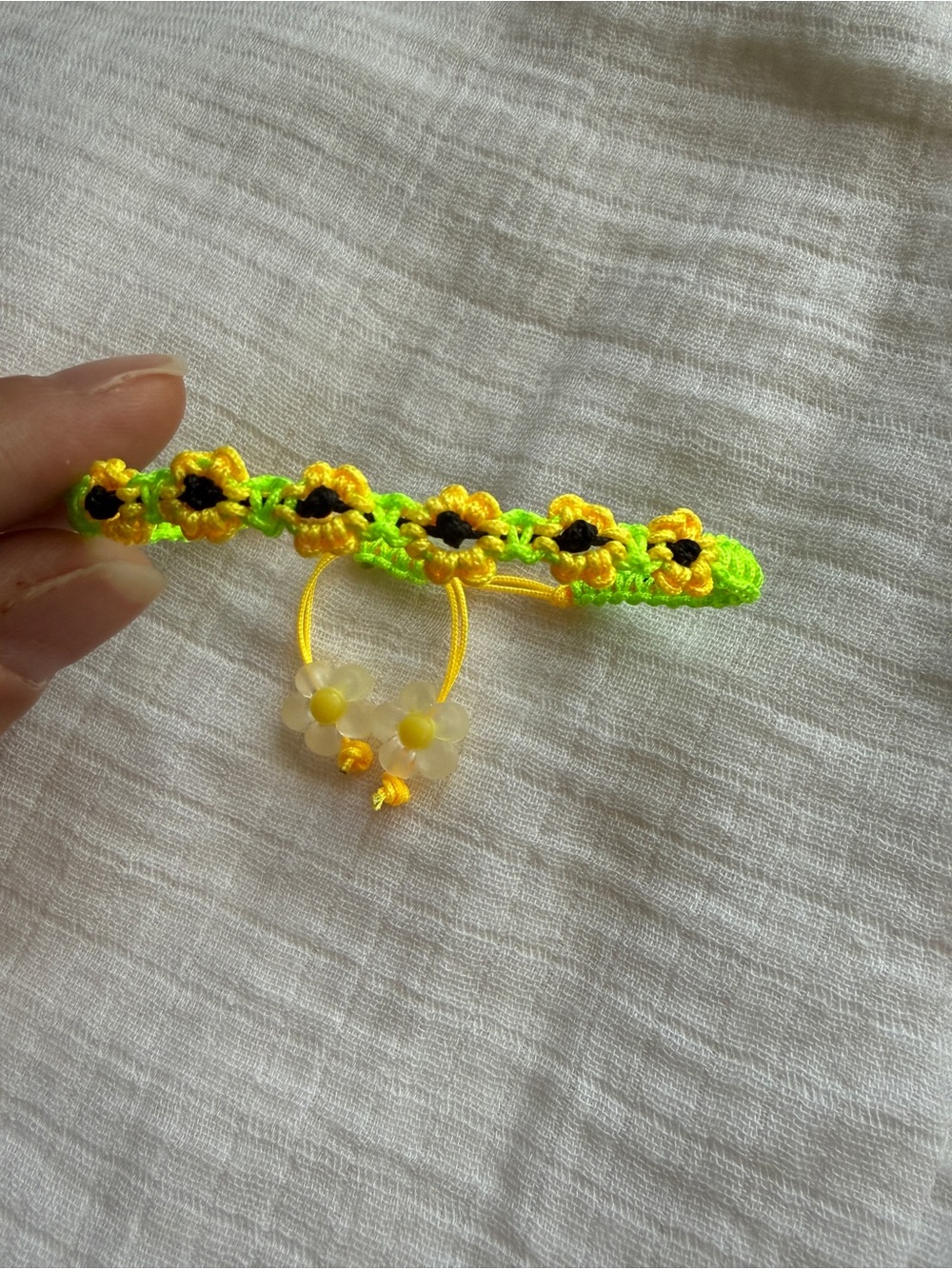 Handmade Yellow & Green Floral Thread Bracelet with Bead Charm